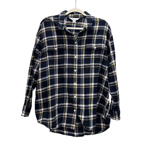 Old Navy Womens XL Boyfriend Shirt 100% Cotton Plaid Navy White - Picture 3 of 7